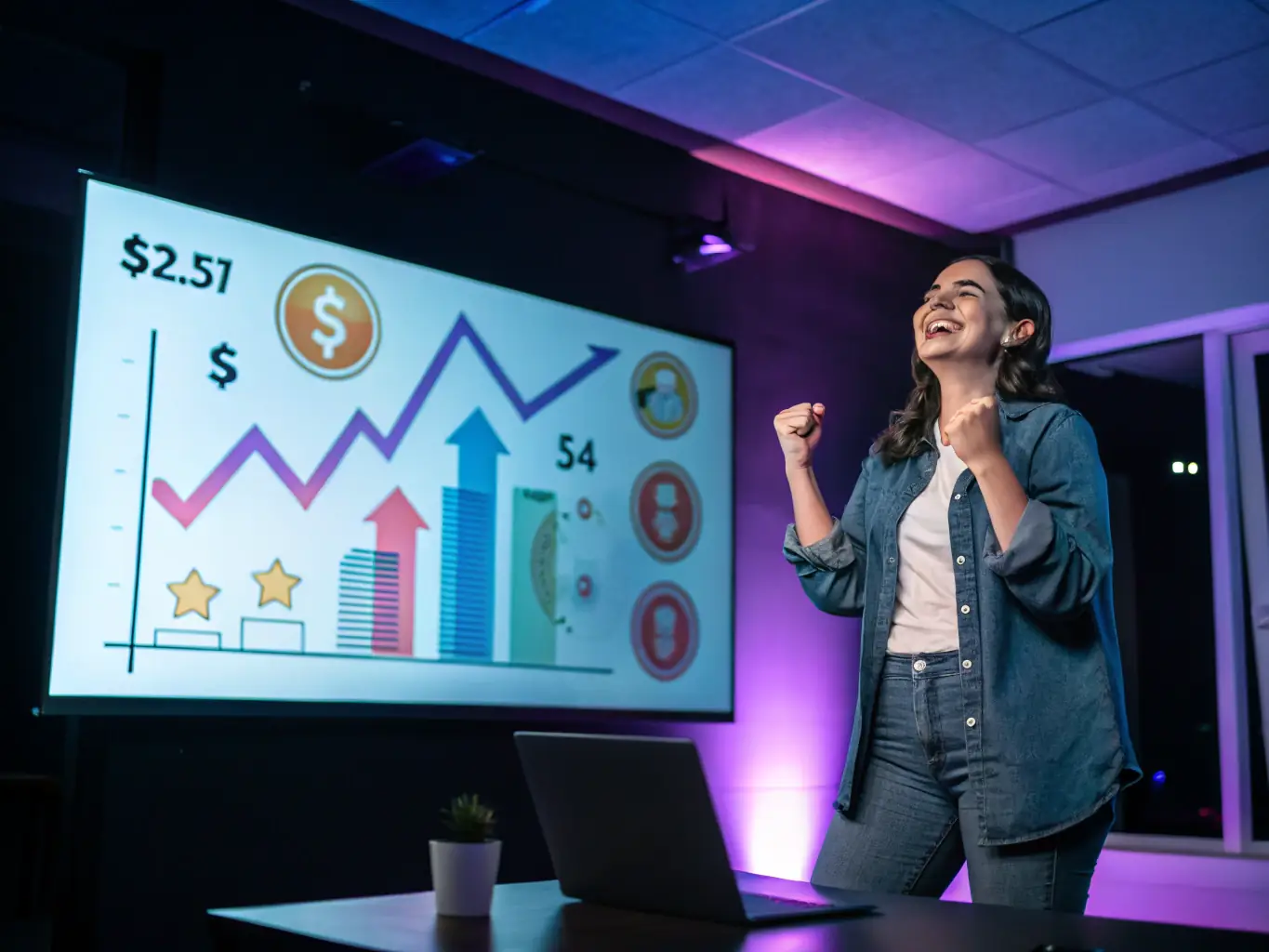 A visual representation of a woman entrepreneur achieving her business goals, such as a graph showing revenue growth or a photo of her expanding her business operations.