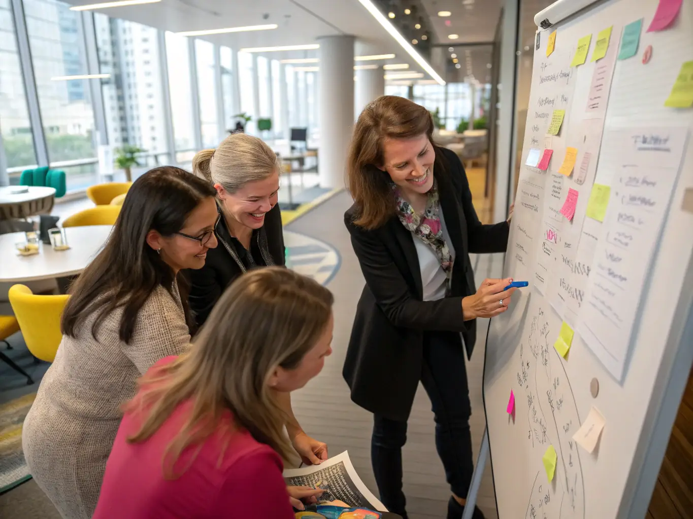 An image depicting a diverse group of women entrepreneurs collaborating in a modern office space, brainstorming ideas and supporting each other.