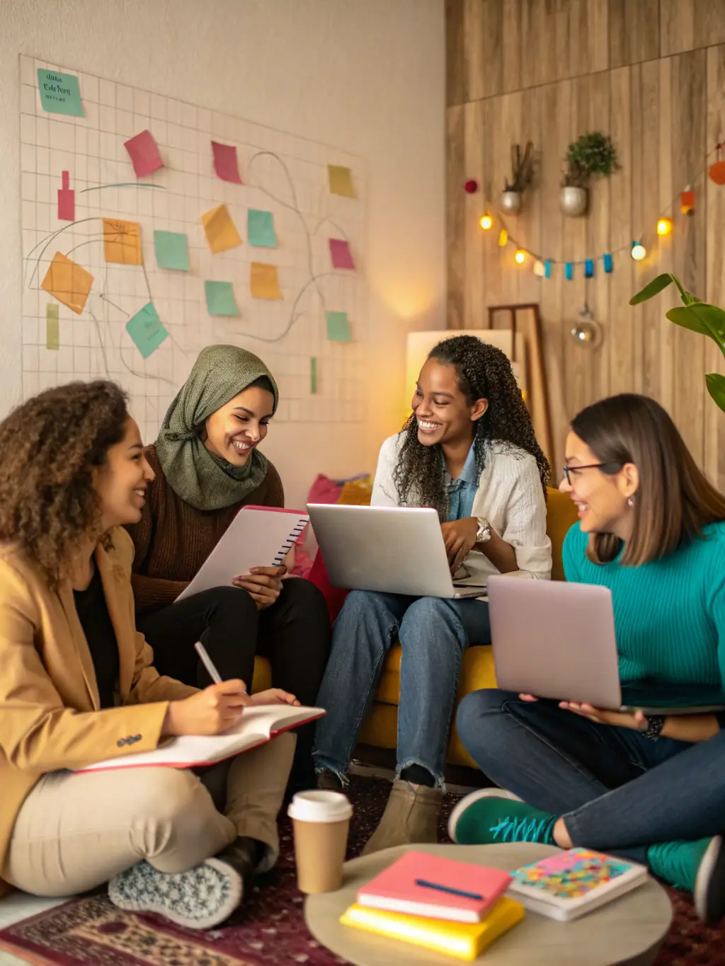 A diverse group of women entrepreneurs collaborating around a table, brainstorming ideas and supporting each other, representing community.