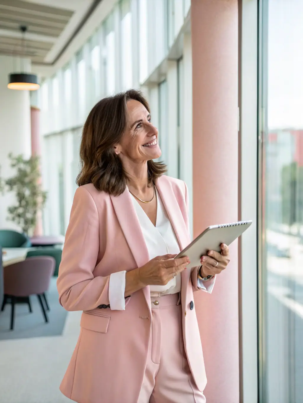 A professional headshot of a woman entrepreneur confidently presenting a business plan in a modern office setting, symbolizing strategic planning.